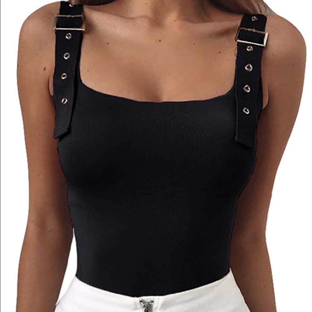 Black Trendy Grommet Buckle Bodysuit